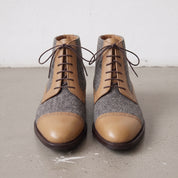 Men's Grey, Tan, and Brown Herringbone and Leather Cap-Toe Derby Boots — Barnard