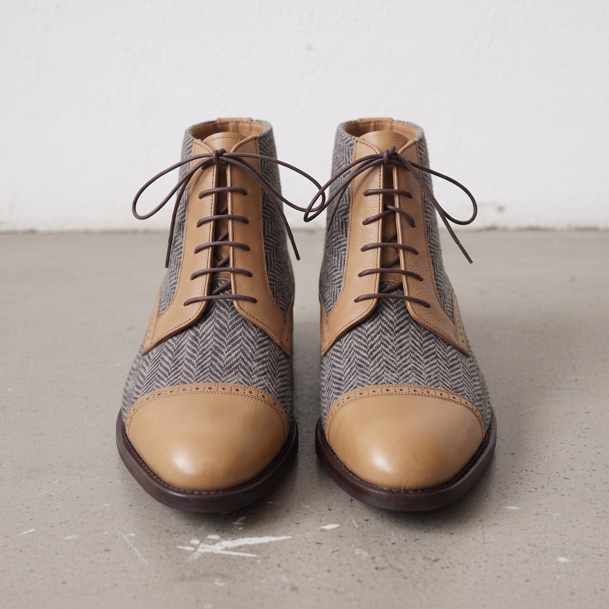 Men's Grey, Tan, and Brown Herringbone and Leather Cap-Toe Derby Boots — Barnard