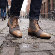 Men's Grey, Tan, and Brown Herringbone and Leather Cap-Toe Derby Boots — Barnard
