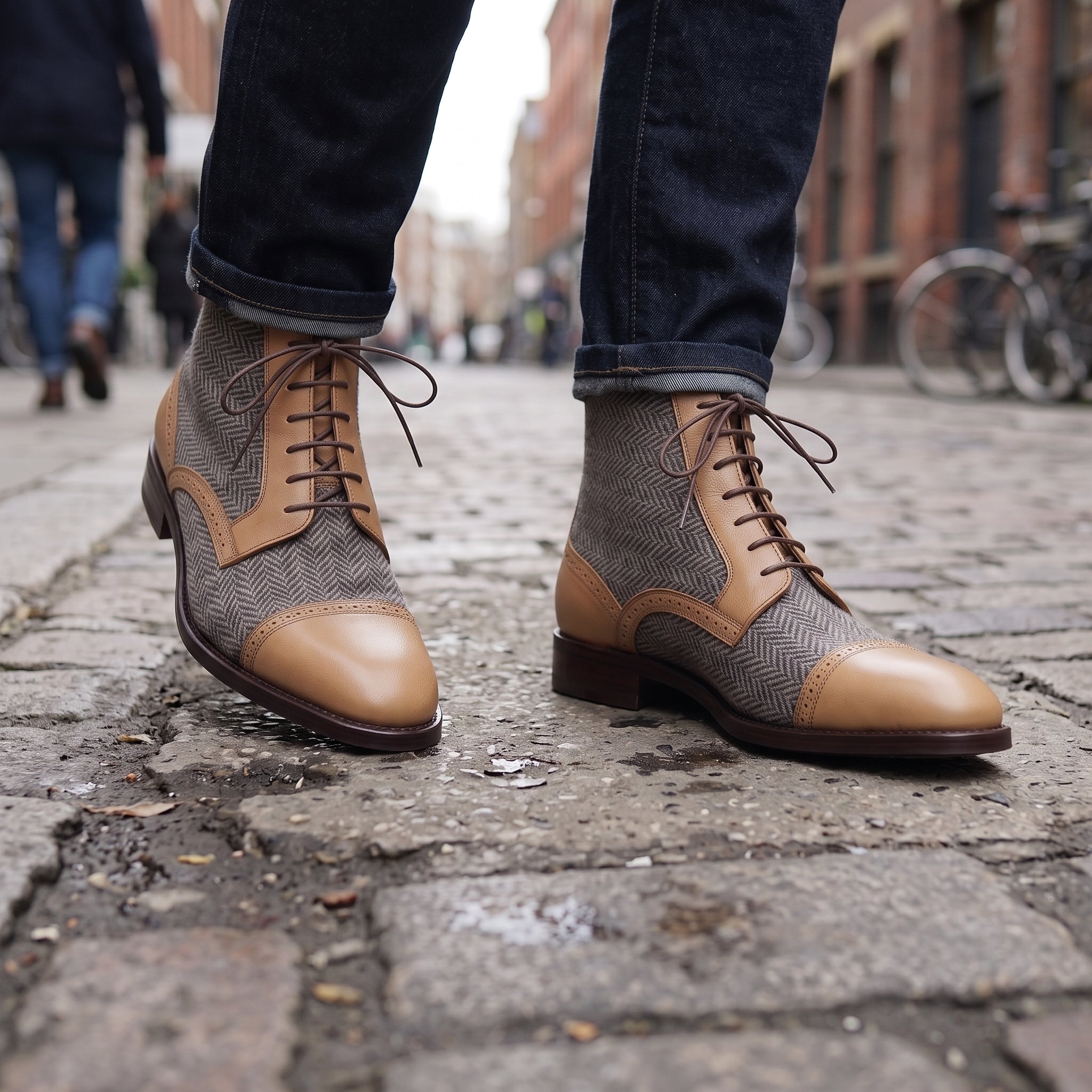 Men's Grey, Tan, and Brown Herringbone and Leather Cap-Toe Derby Boots — Barnard