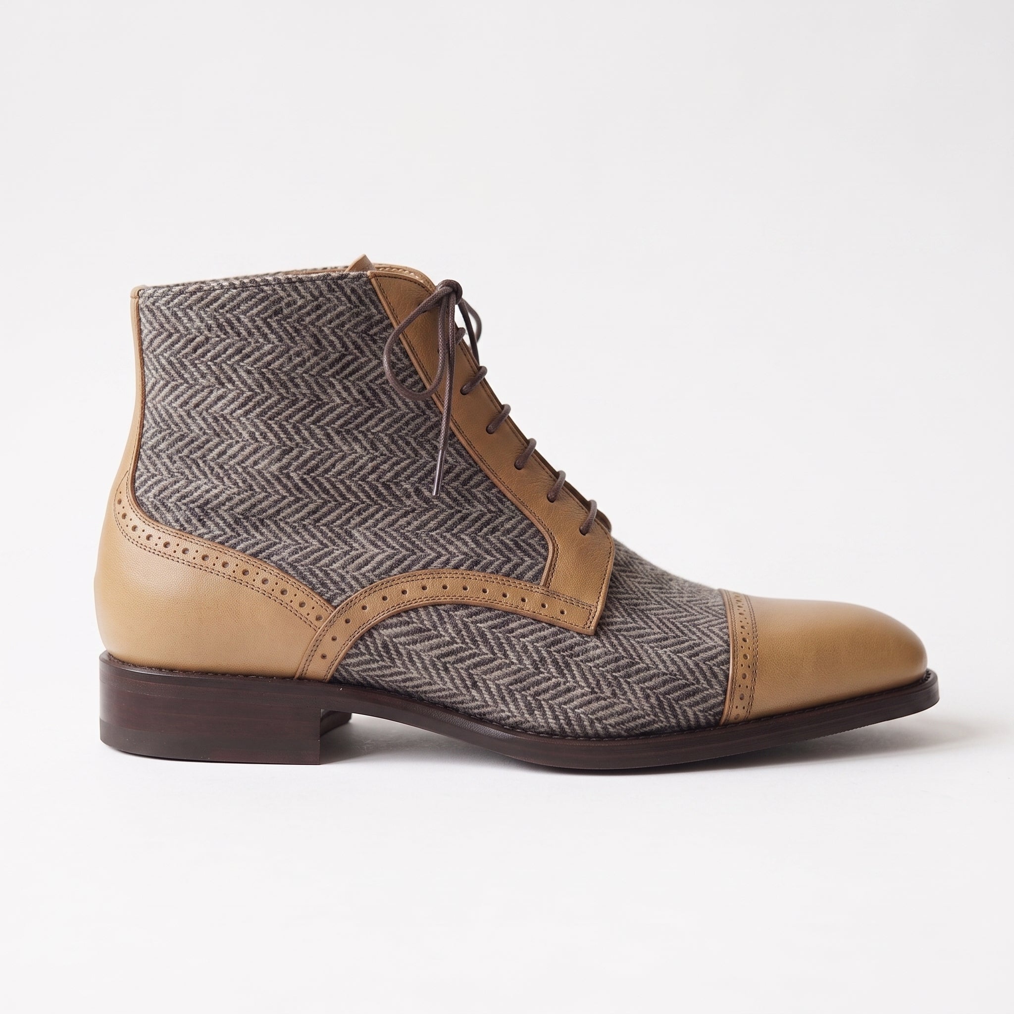 Men's Grey, Tan, and Brown Herringbone and Leather Cap-Toe Derby Boots — Barnard