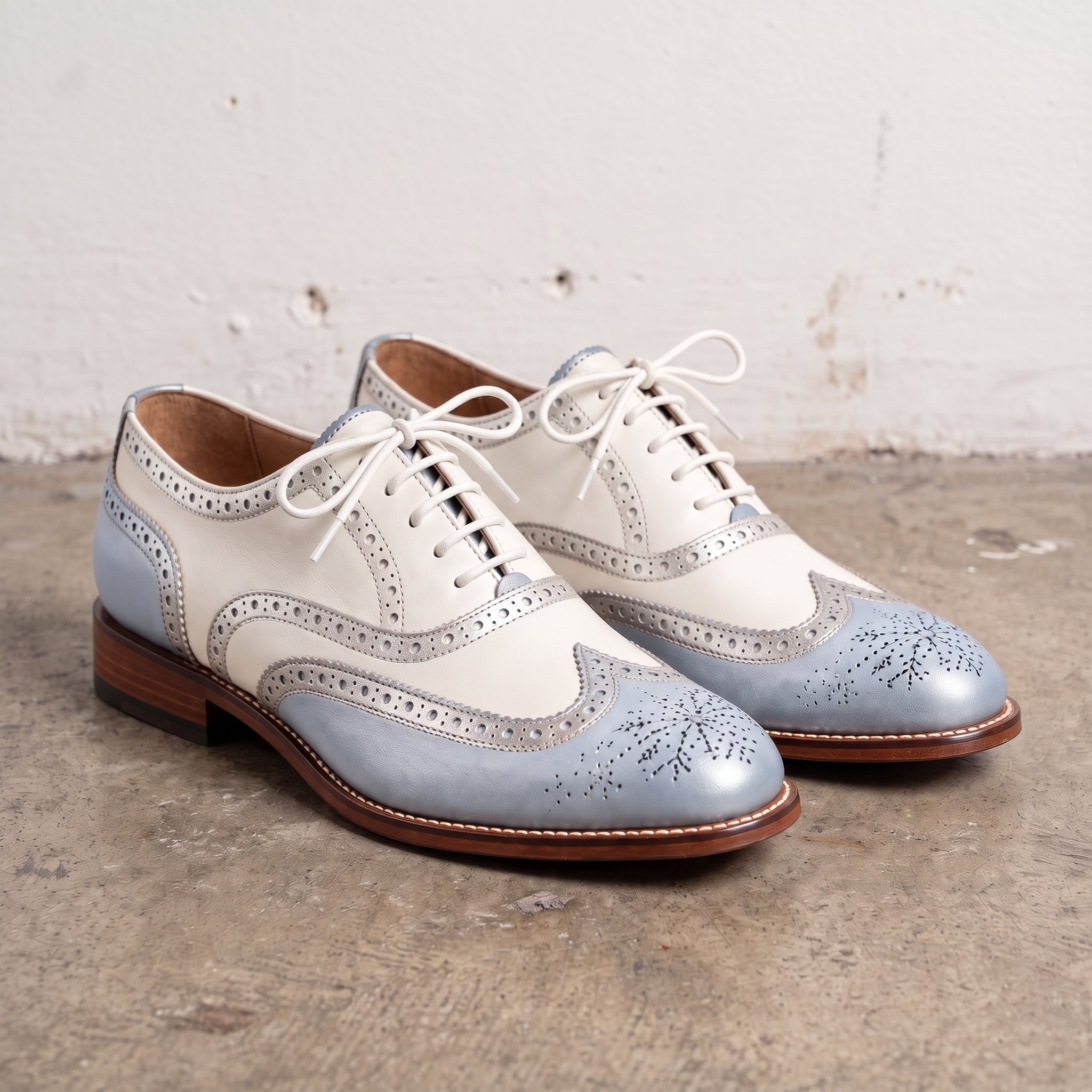 Men's Ivory and Blue Wingtip Leather Oxford Brogues — Acreton
