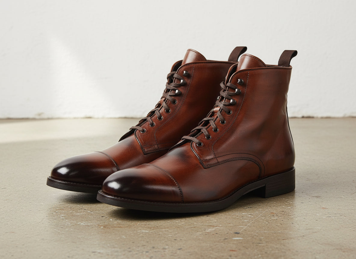 Mens Leather Boot, Men Brown Ankle High Boot, Lace Up Boot - angle-view-showing-depth