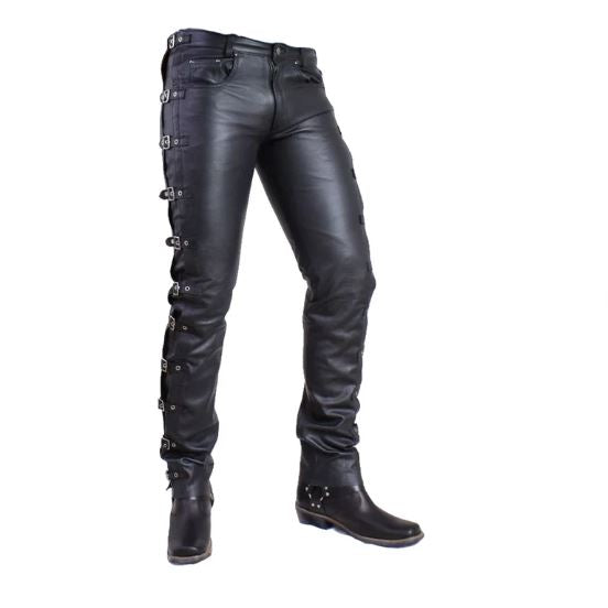 Men's Slim Fit Buckle Leather Pants for Casual and Party Wear