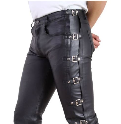 Men's Leather Pants, Buckle Pants for Men, Party Pants, Casual Wear Leather