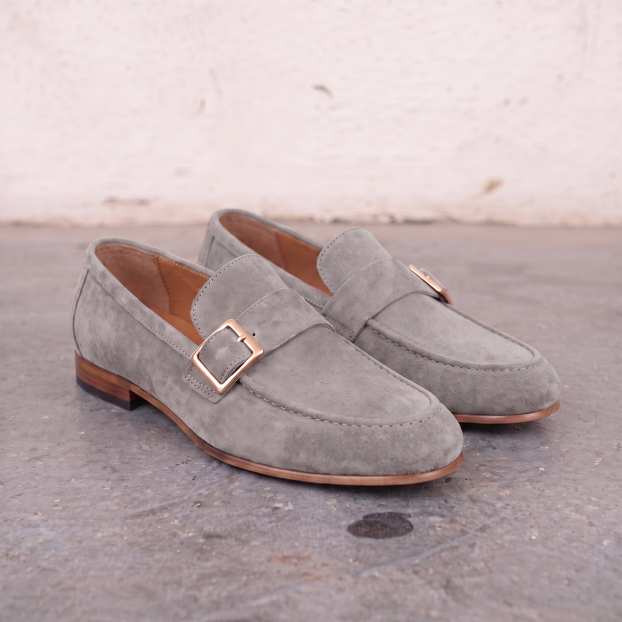 Men's Light Gray Apron-Toe Suede Monk Strap Loafers — Dishington