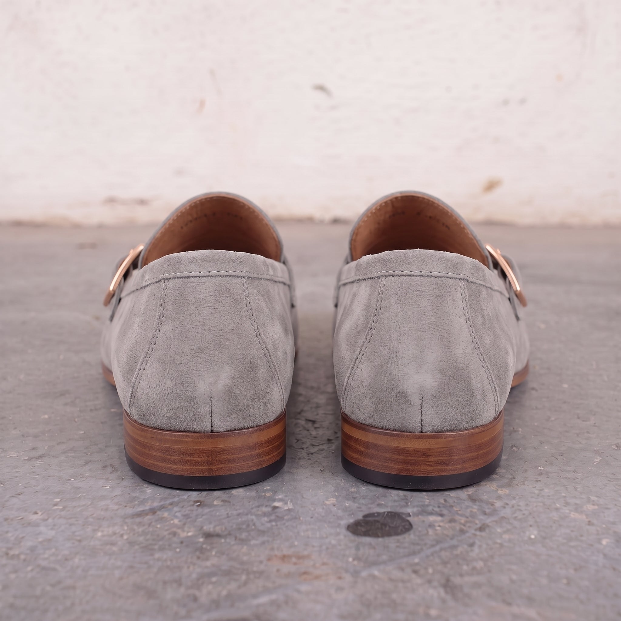 Men's Light Gray Apron-Toe Suede Monk Strap Loafers — Dishington