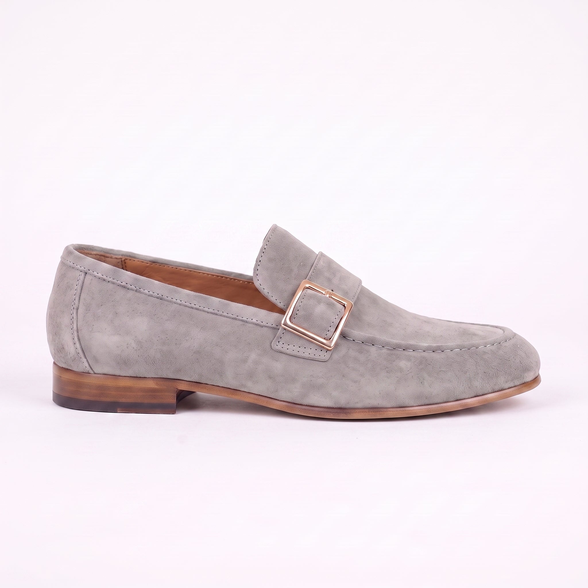 Men's Light Gray Apron-Toe Suede Monk Strap Loafers — Dishington