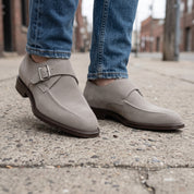 Men's Light Gray Apron-Toe Suede Monk Strap Shoes — Bagborough — Bagborough