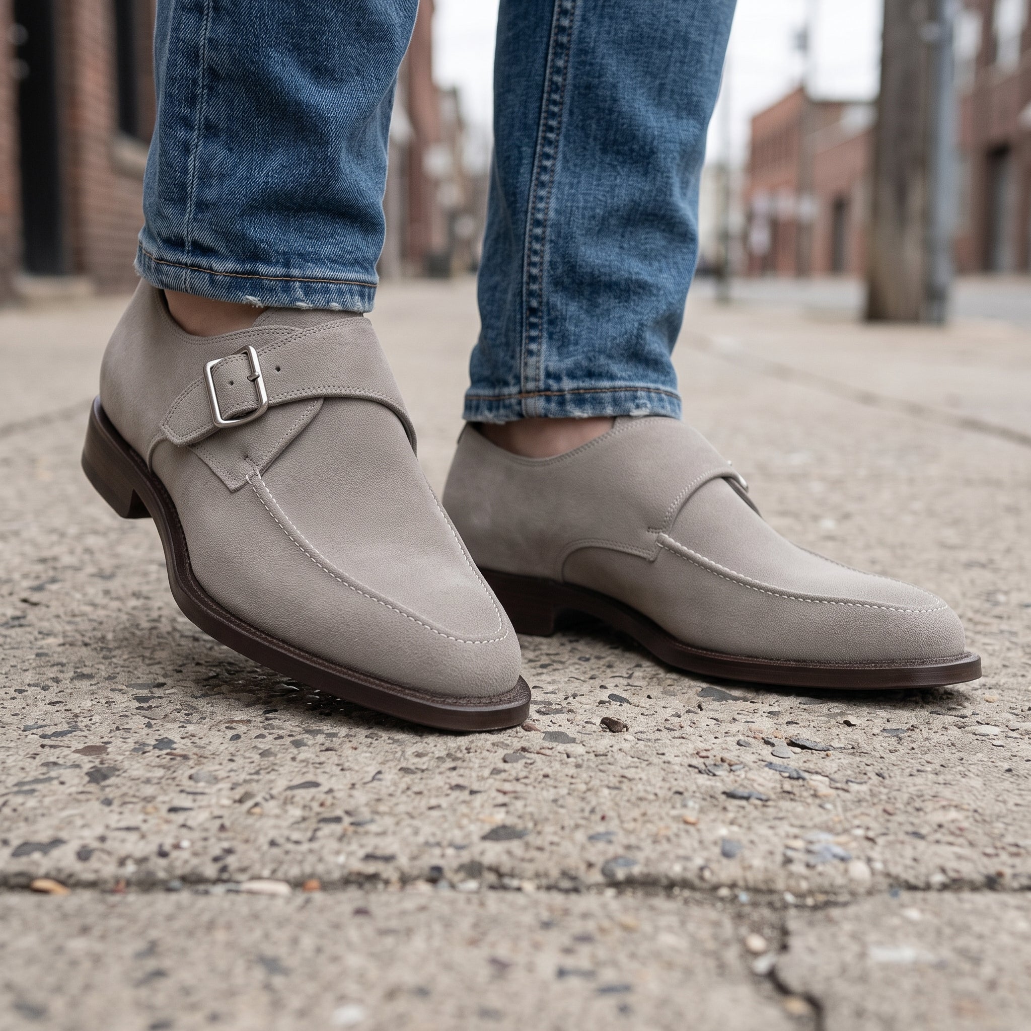 Men's Light Gray Apron-Toe Suede Monk Strap Shoes — Bagborough — Bagborough