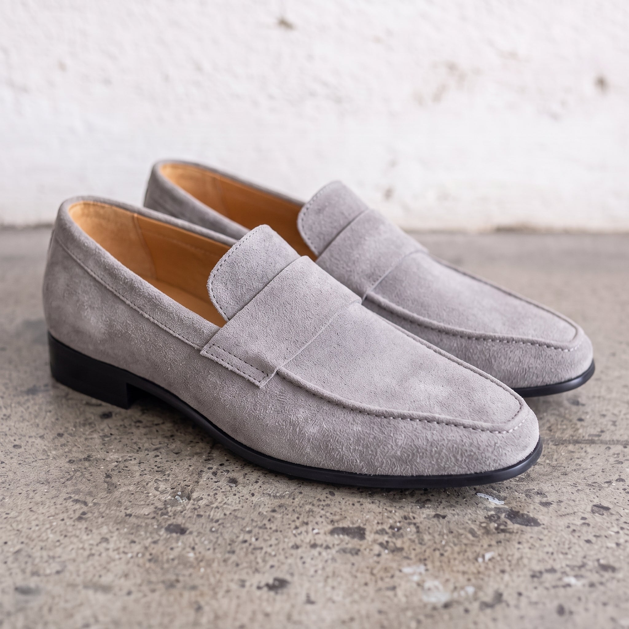 Men's Light Gray Apron-Toe Suede Penny Loafers — Dedham