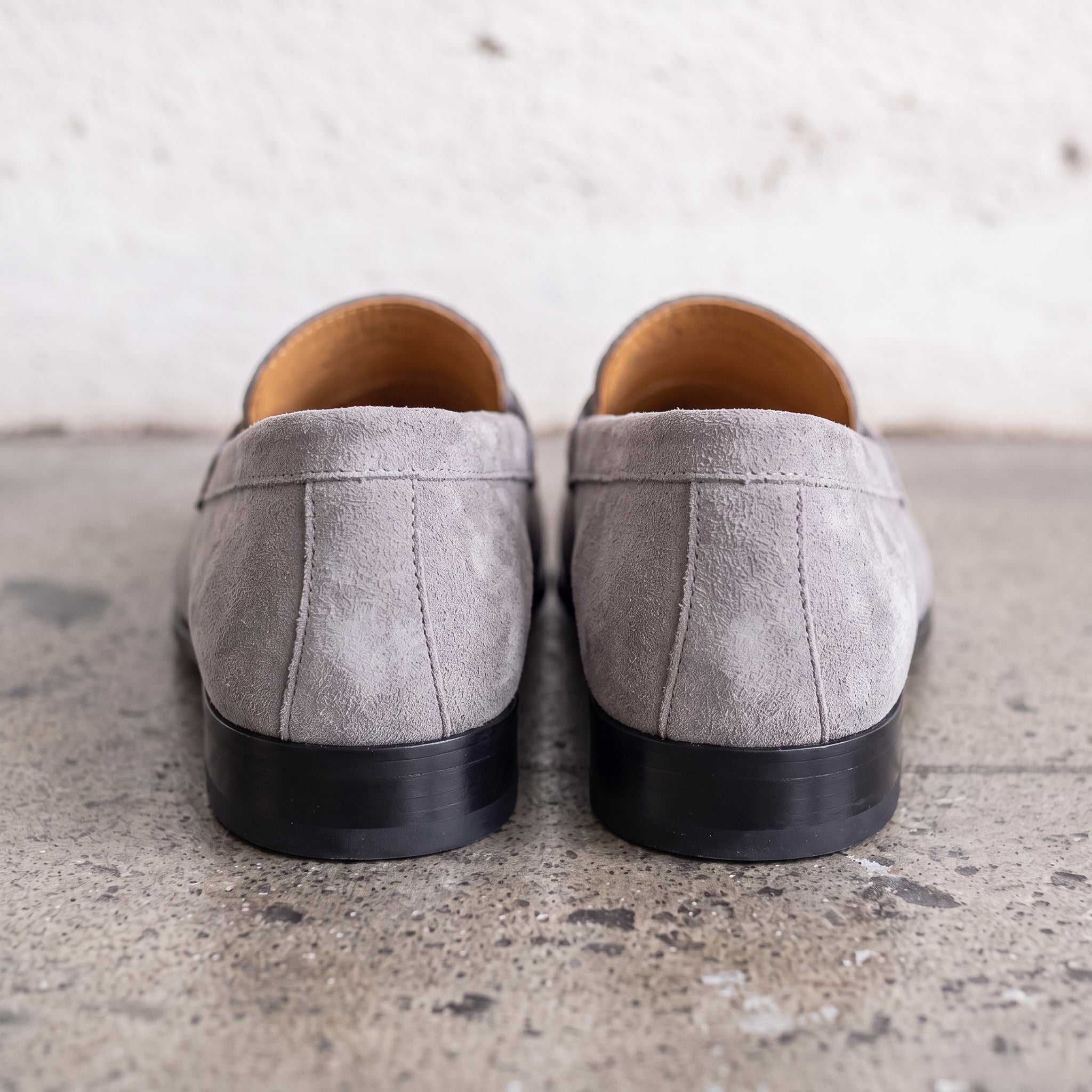 Men's Light Gray Apron-Toe Suede Penny Loafers — Dedham