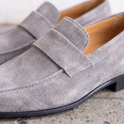 Men's Light Gray Apron-Toe Suede Penny Loafers — Dedham