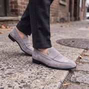 Men's Light Gray Apron-Toe Suede Penny Loafers — Dedham