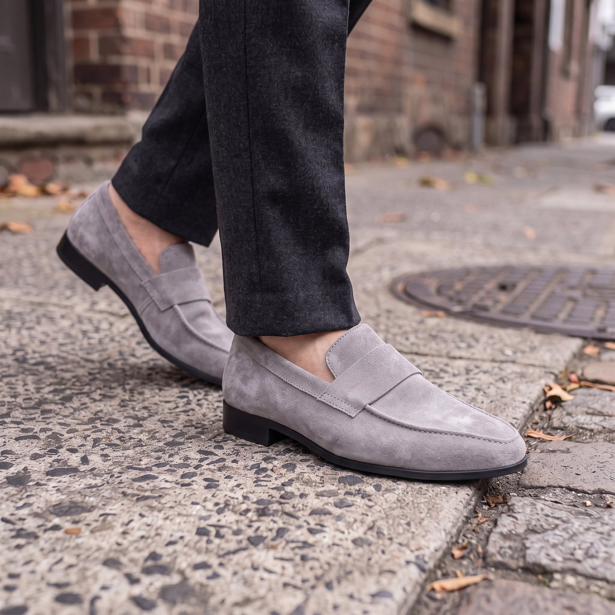 Men's Light Gray Apron-Toe Suede Penny Loafers — Dedham
