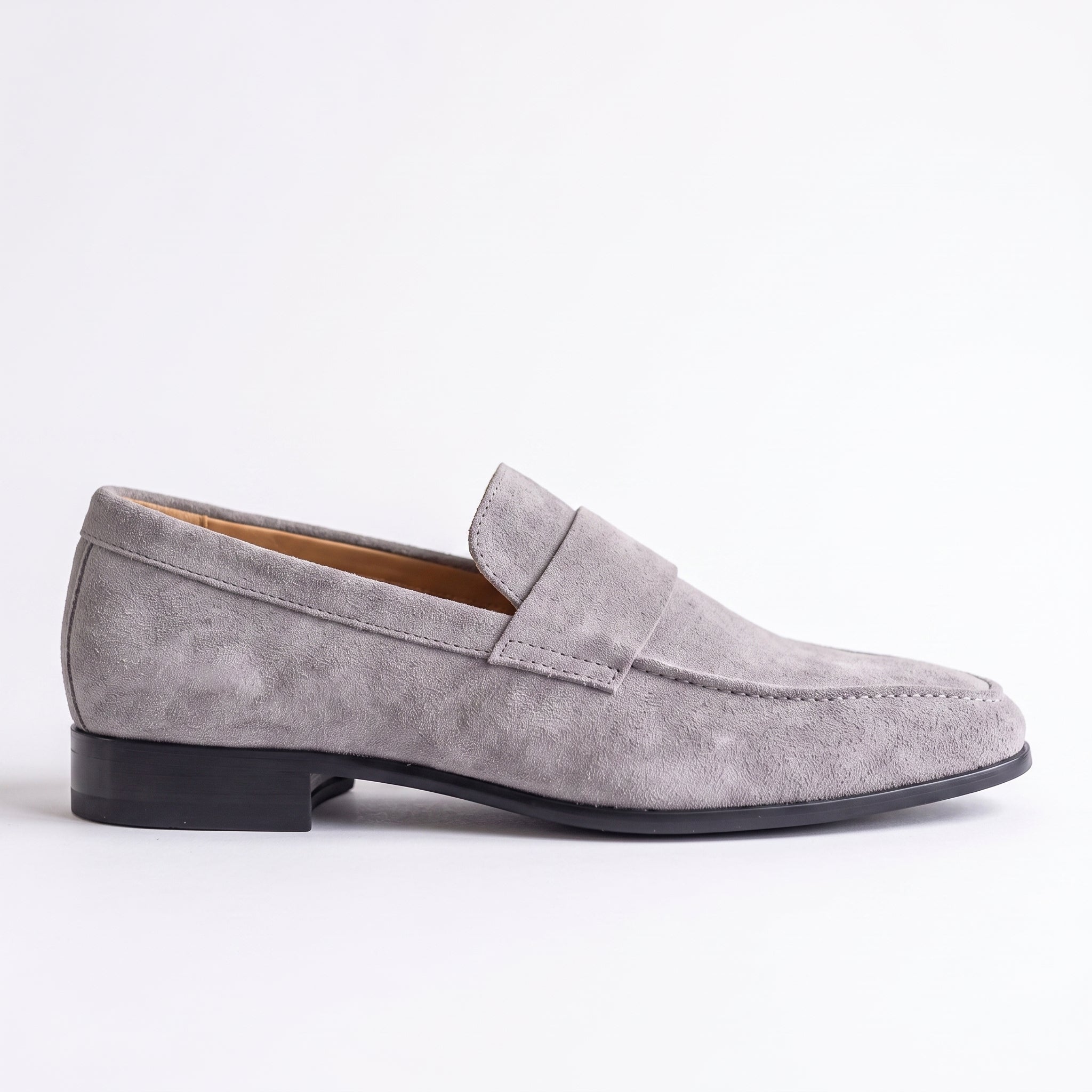 Men's Light Gray Apron-Toe Suede Penny Loafers — Dedham