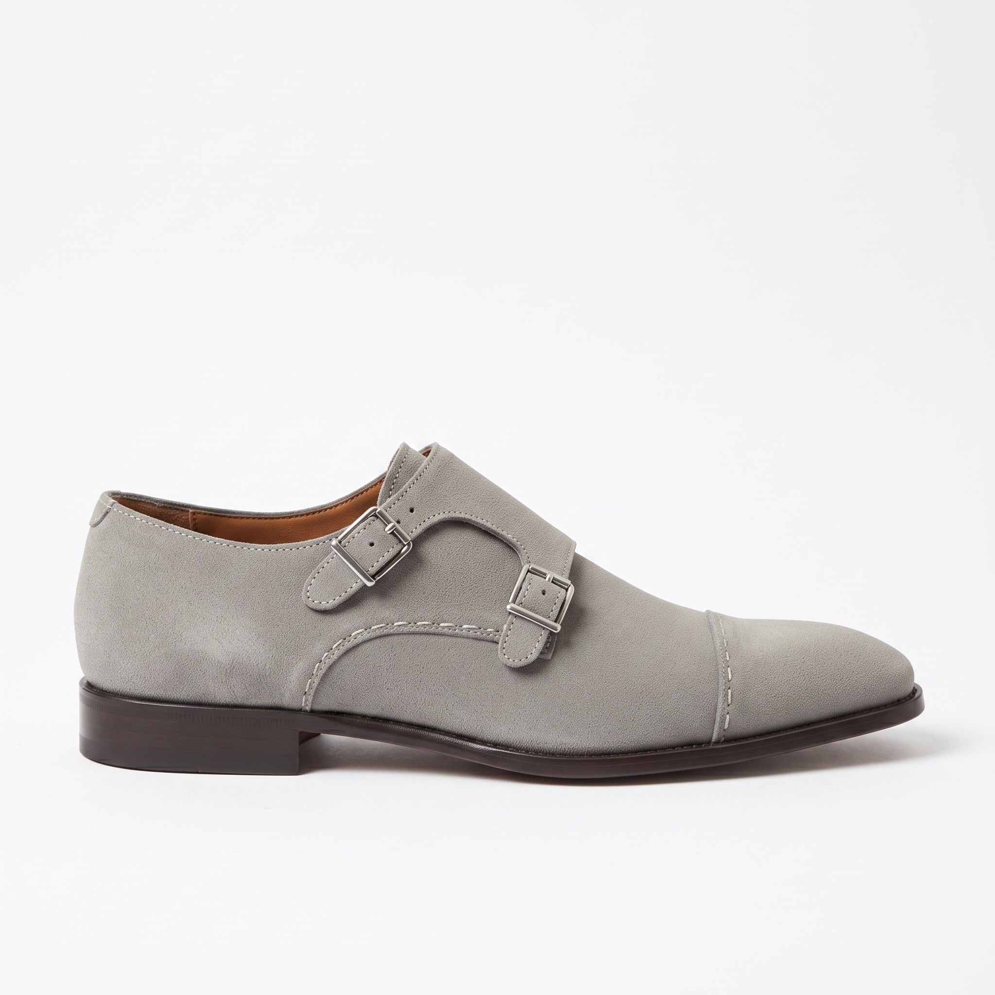 Men's Light Gray Cap-Toe Suede Double Monk Strap Shoes — Awbridge