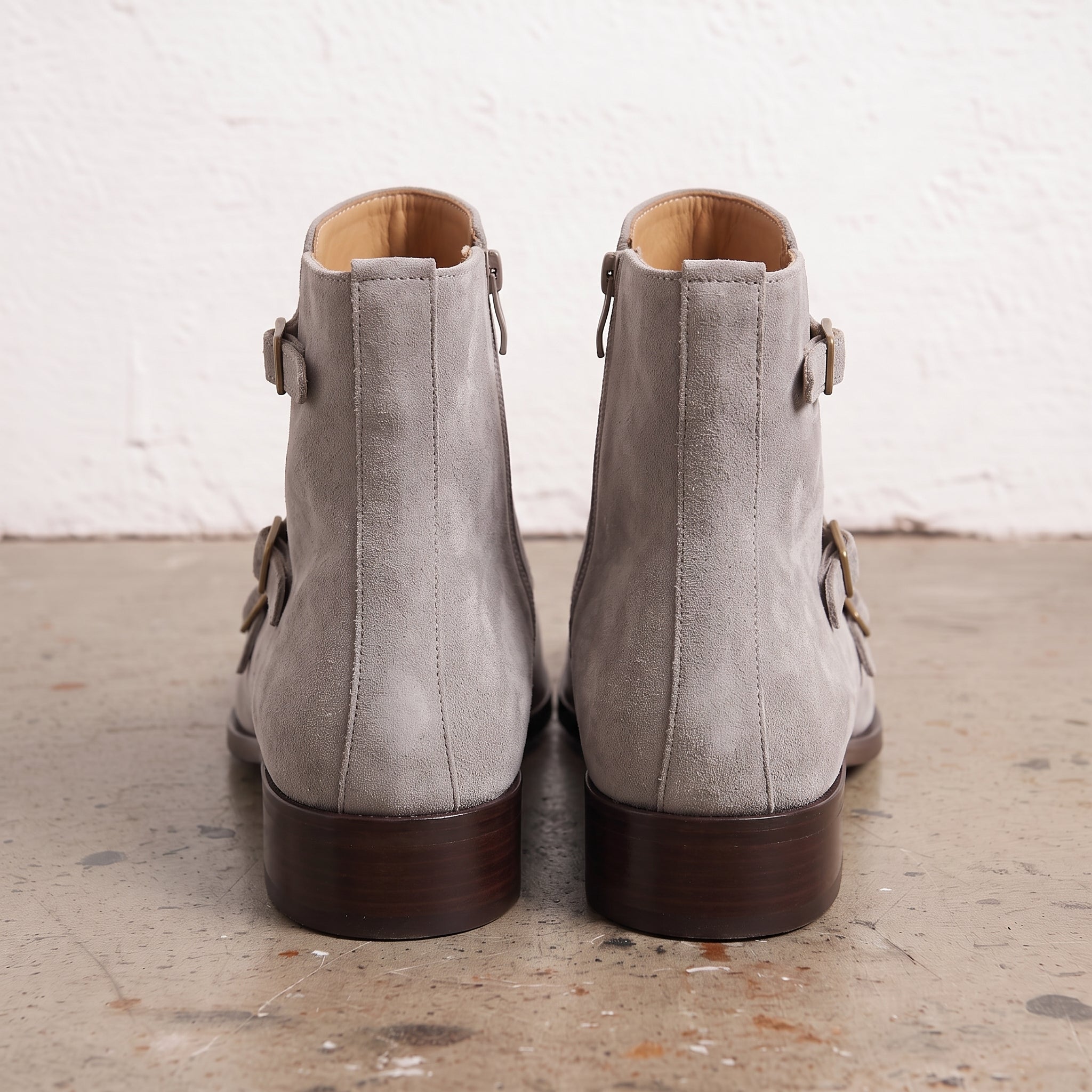 Men's Light Gray Plain-Toe Suede Triple Monk Boots — Hawley