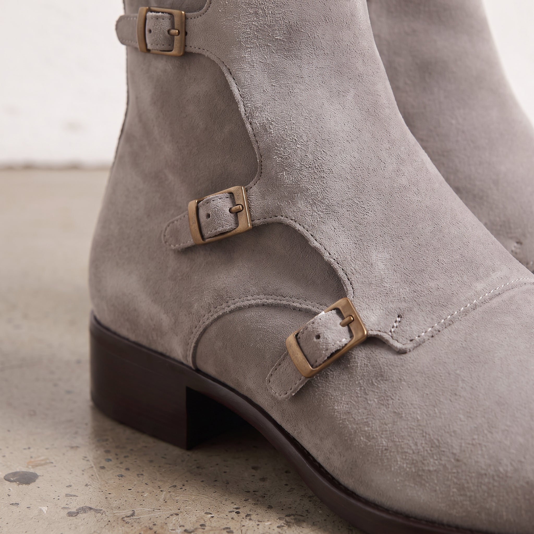 Men's Light Gray Plain-Toe Suede Triple Monk Boots — Hawley