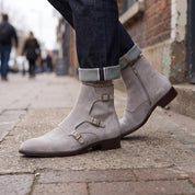 Men's Light Gray Plain-Toe Suede Triple Monk Boots — Hawley