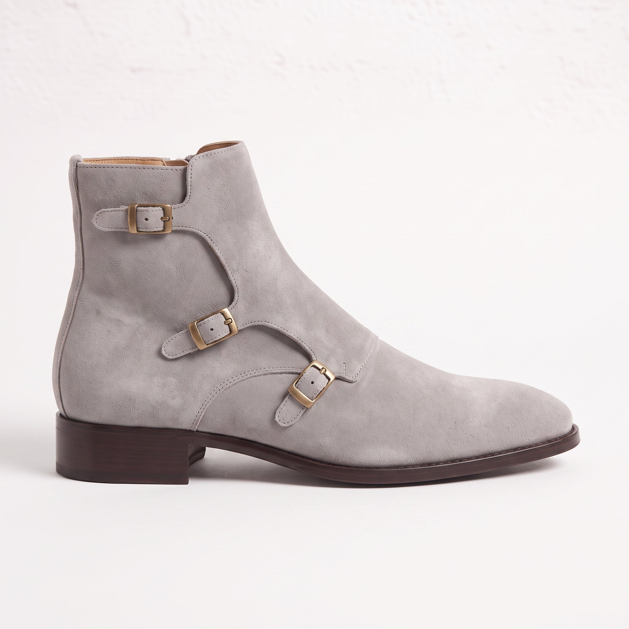 Men's Light Gray Plain-Toe Suede Triple Monk Boots — Hawley