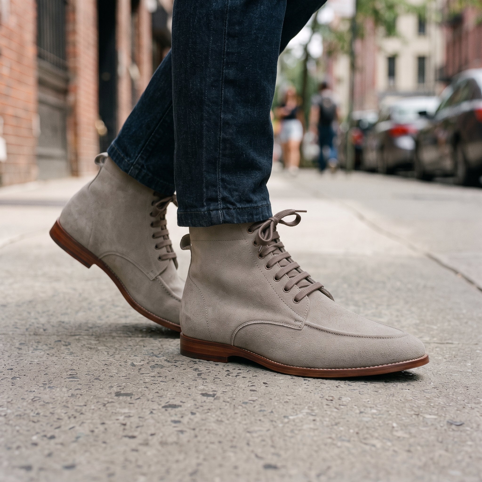 Men's Light Gray Suede Apron-Toe Derby Boots — Bishopstoke