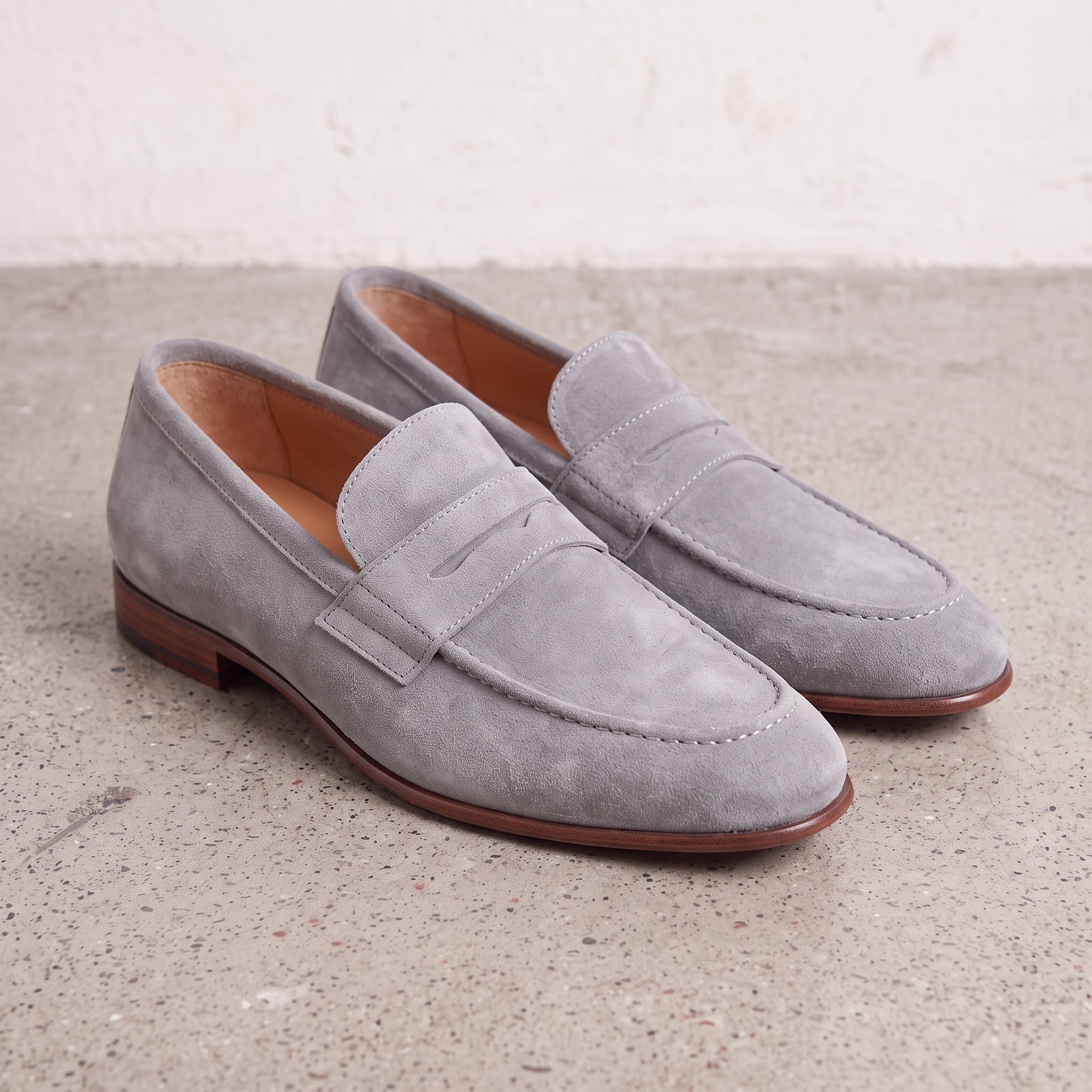 Men's Light Gray Suede Apron-Toe Penny Loafers — Bellingham