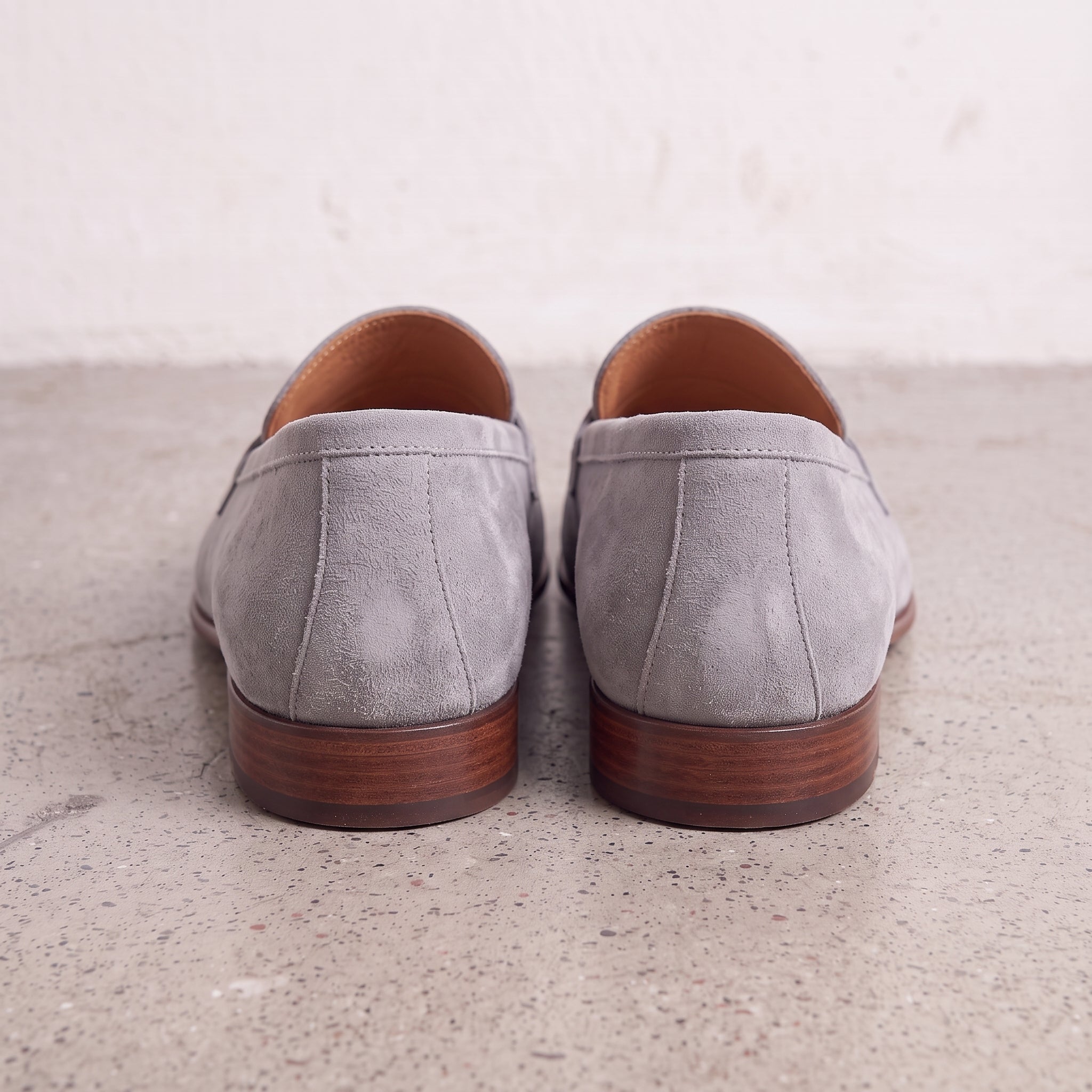 Men's Light Gray Suede Apron-Toe Penny Loafers — Bellingham