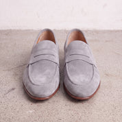 Men's Light Gray Suede Apron-Toe Penny Loafers — Bellingham