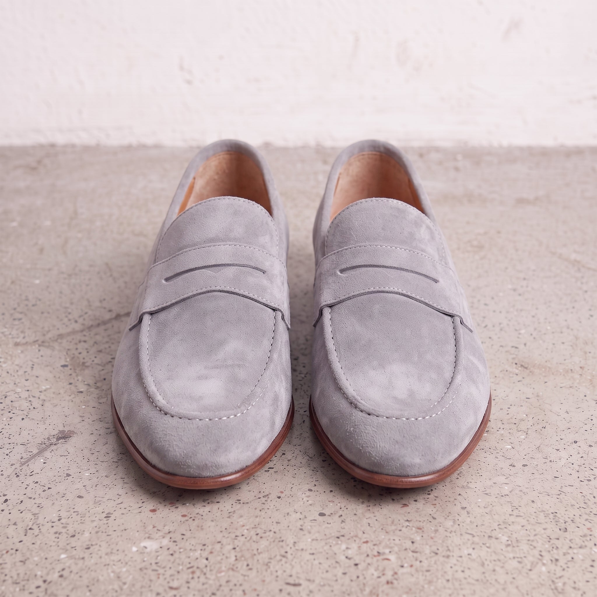 Men's Light Gray Suede Apron-Toe Penny Loafers — Bellingham