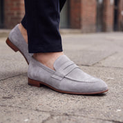 Men's Light Gray Suede Apron-Toe Penny Loafers — Bellingham