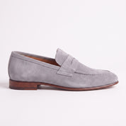 Men's Light Gray Suede Apron-Toe Penny Loafers — Bellingham