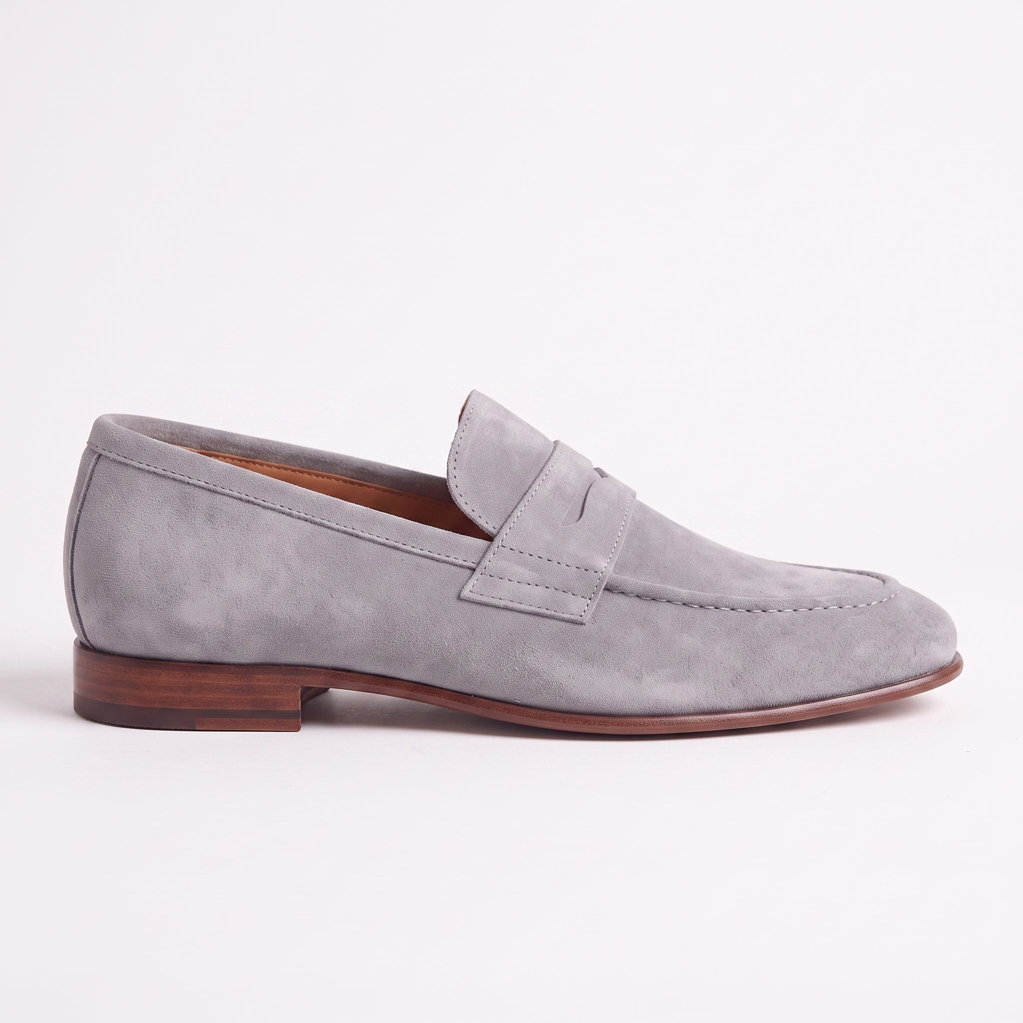 Men's Light Gray Suede Apron-Toe Penny Loafers — Bellingham