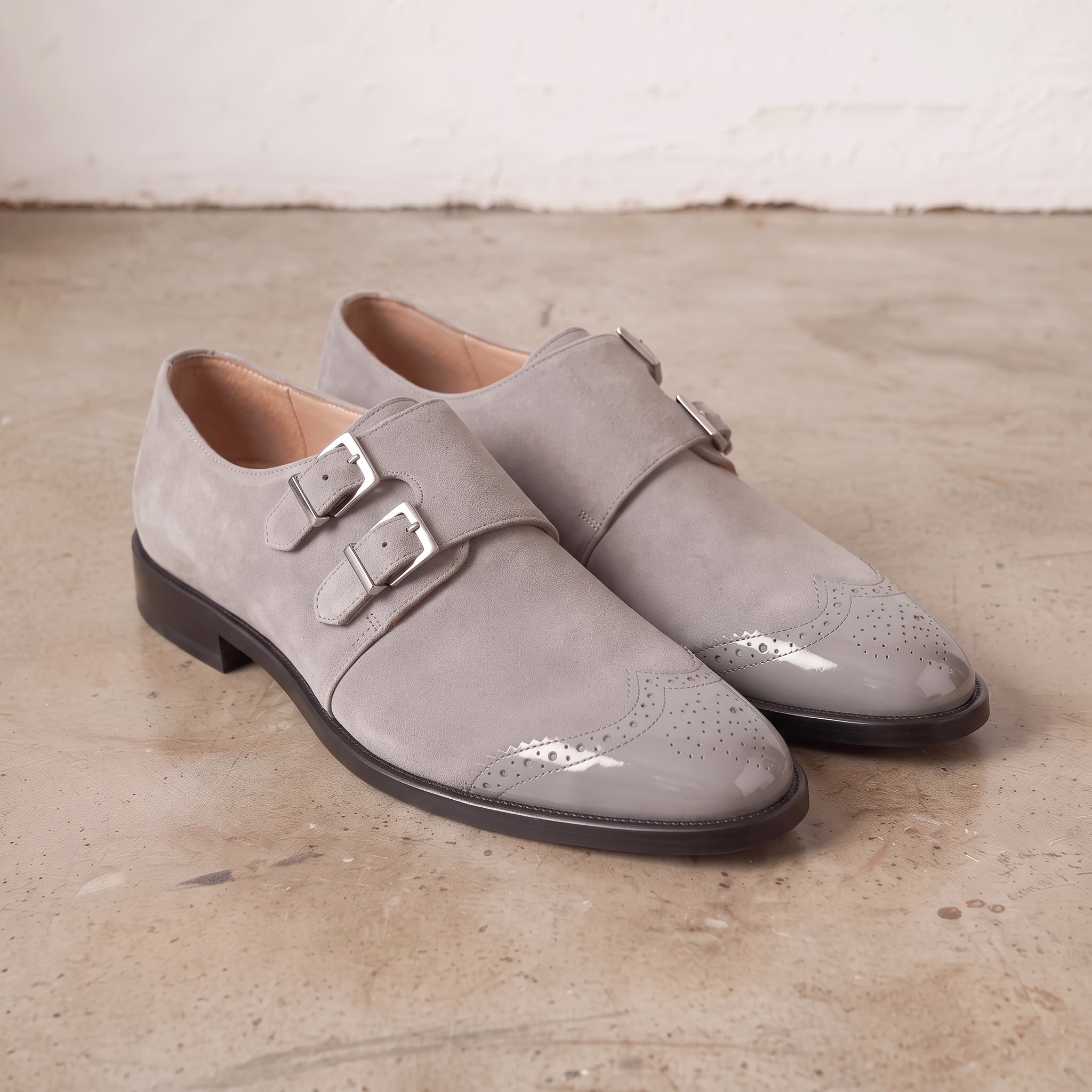 Men's Light Gray Suede Double Monk Strap Shoes — Lowell