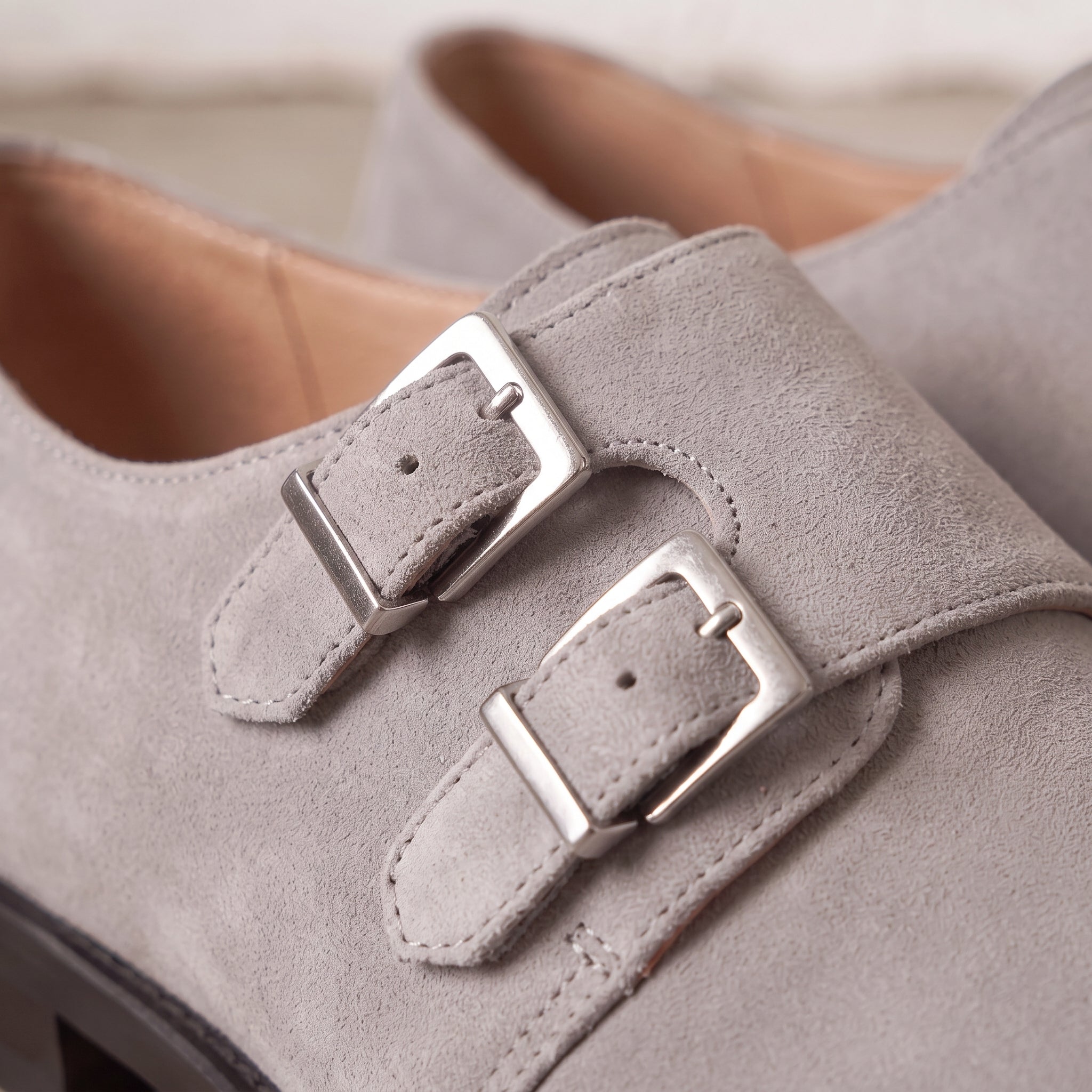 Men's Light Gray Suede Double Monk Strap Shoes — Lowell