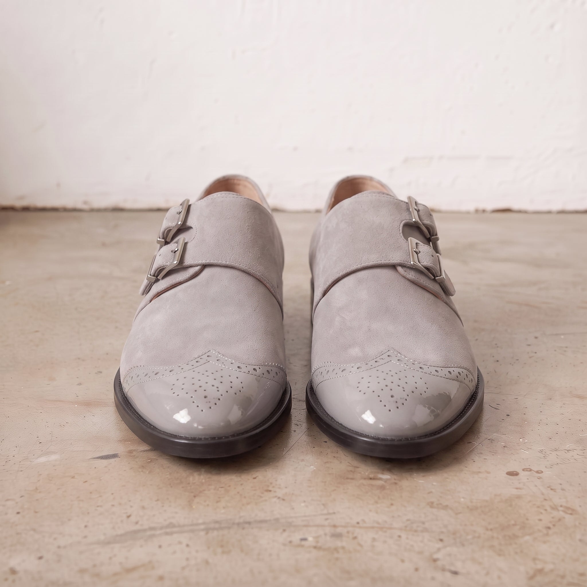 Men's Light Gray Suede Double Monk Strap Shoes — Lowell
