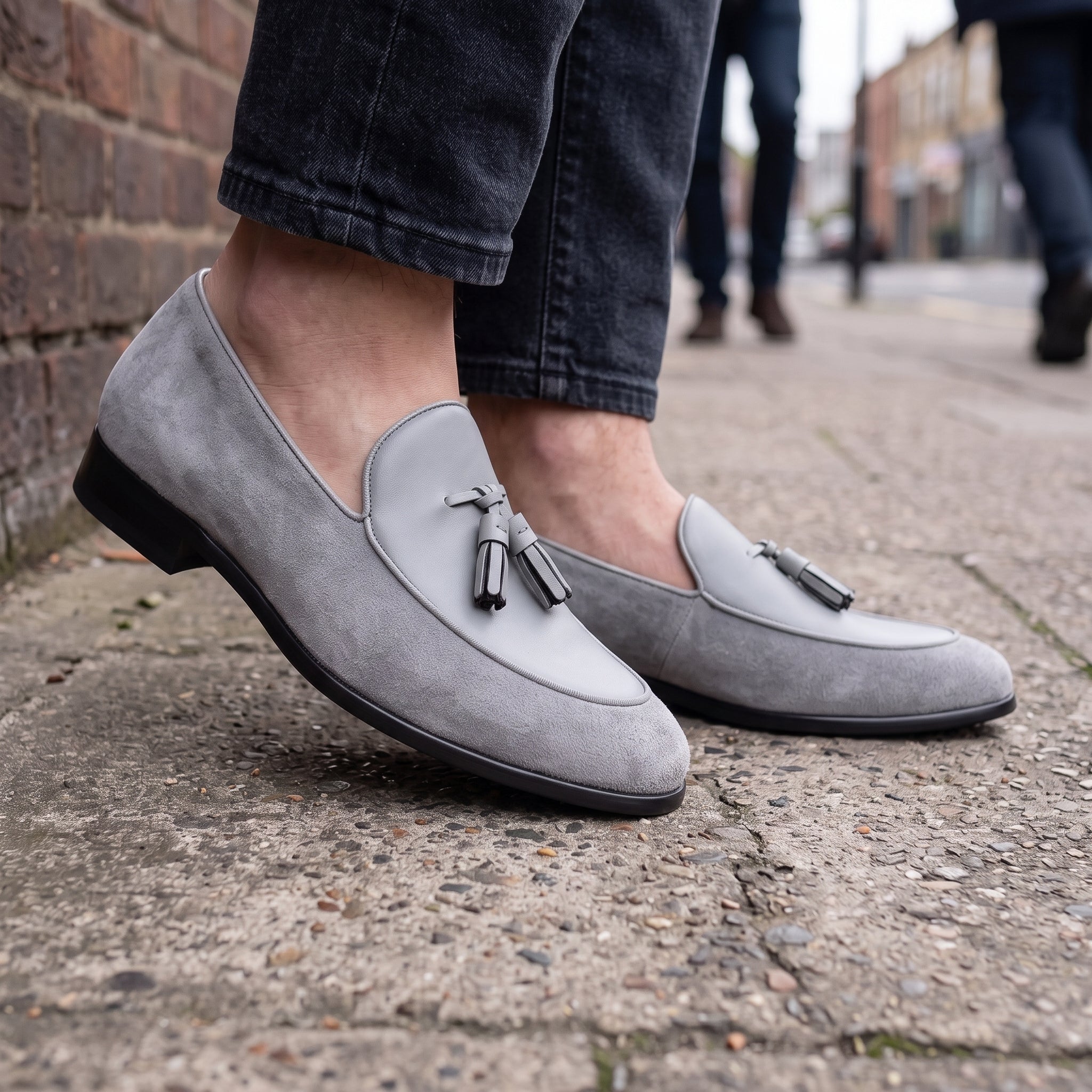 Men's Light Gray Suede Leather Tassel Loafers — Burton