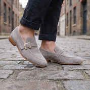 Men's Light Gray Suede Monk Strap Loafers — Abborfield