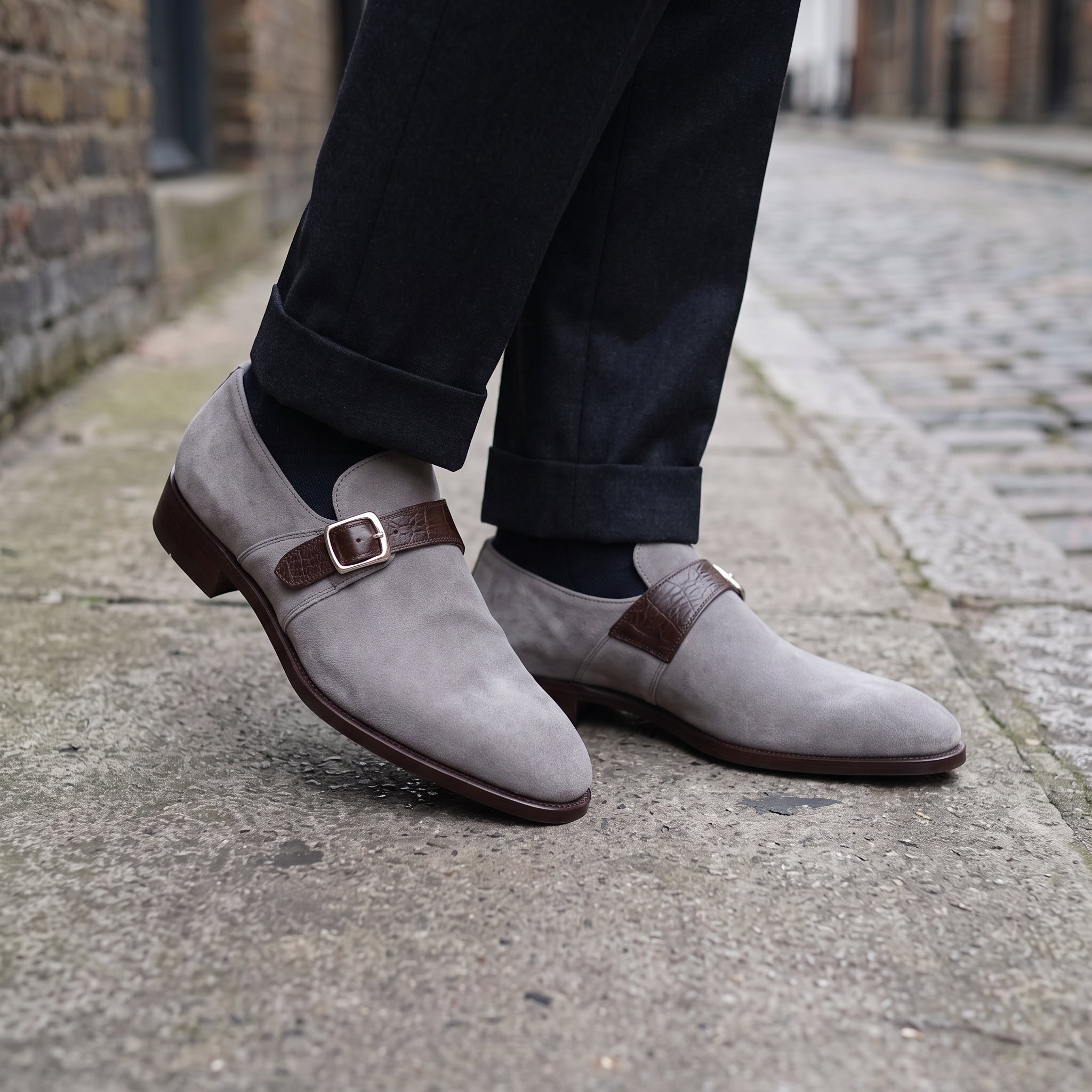 Men's Light Gray Suede Monk Strap Shoes — Harrington