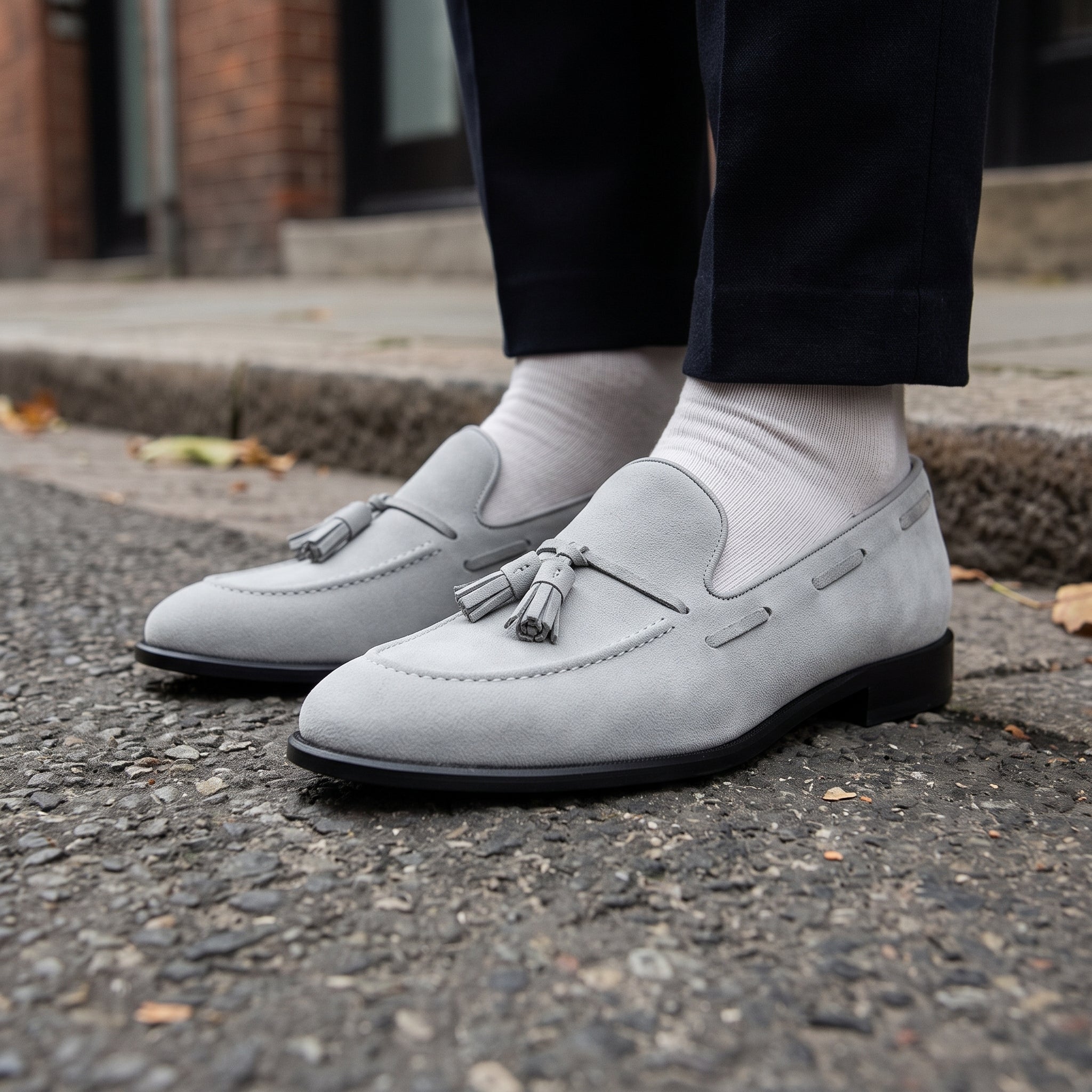Men's Light Gray Suede Tassel Loafers — Woolton