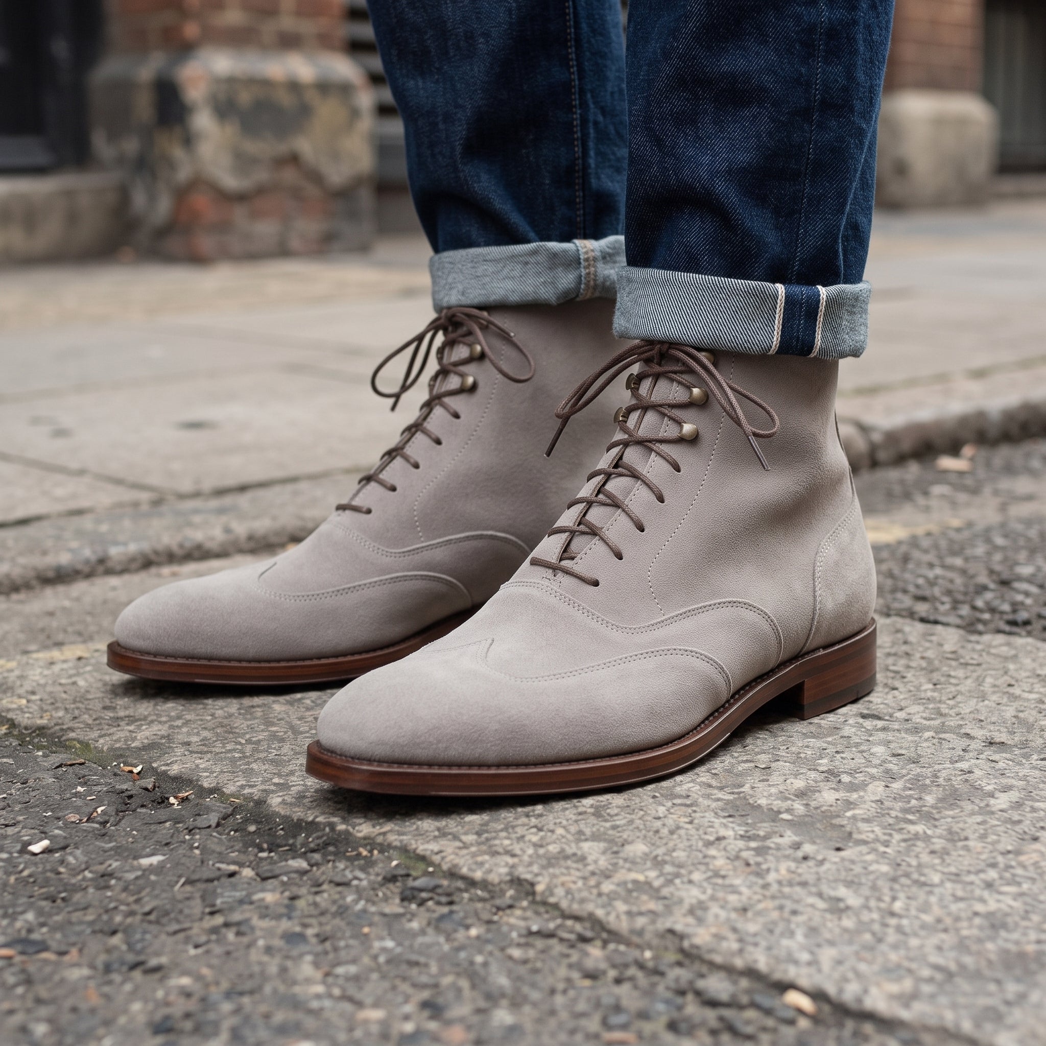 Men's Light Gray Wingtip Suede Lace-Up Ankle Boots — Emberton
