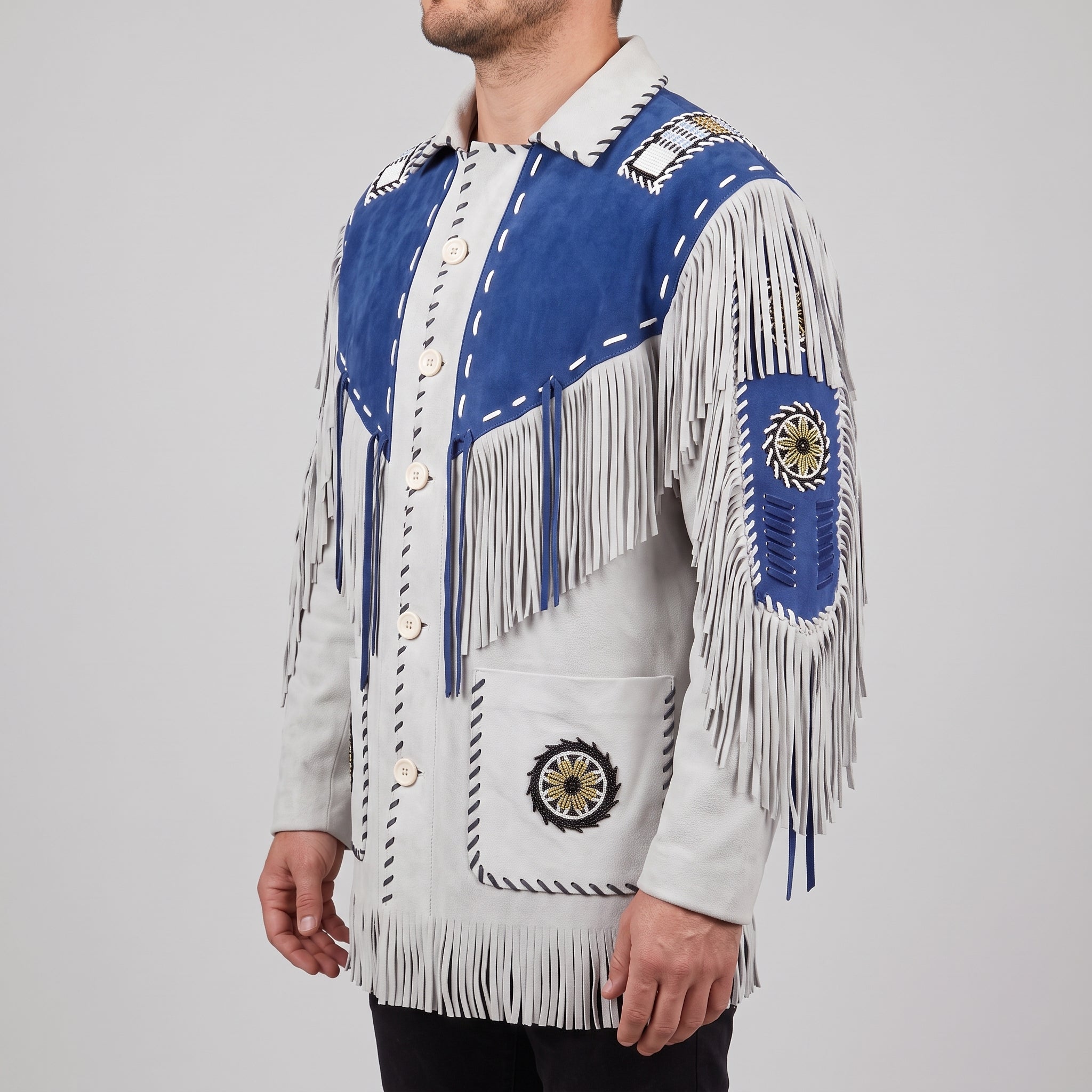 Men's Light Grey and Royal Blue Fringed Suede Jacket — Eastham