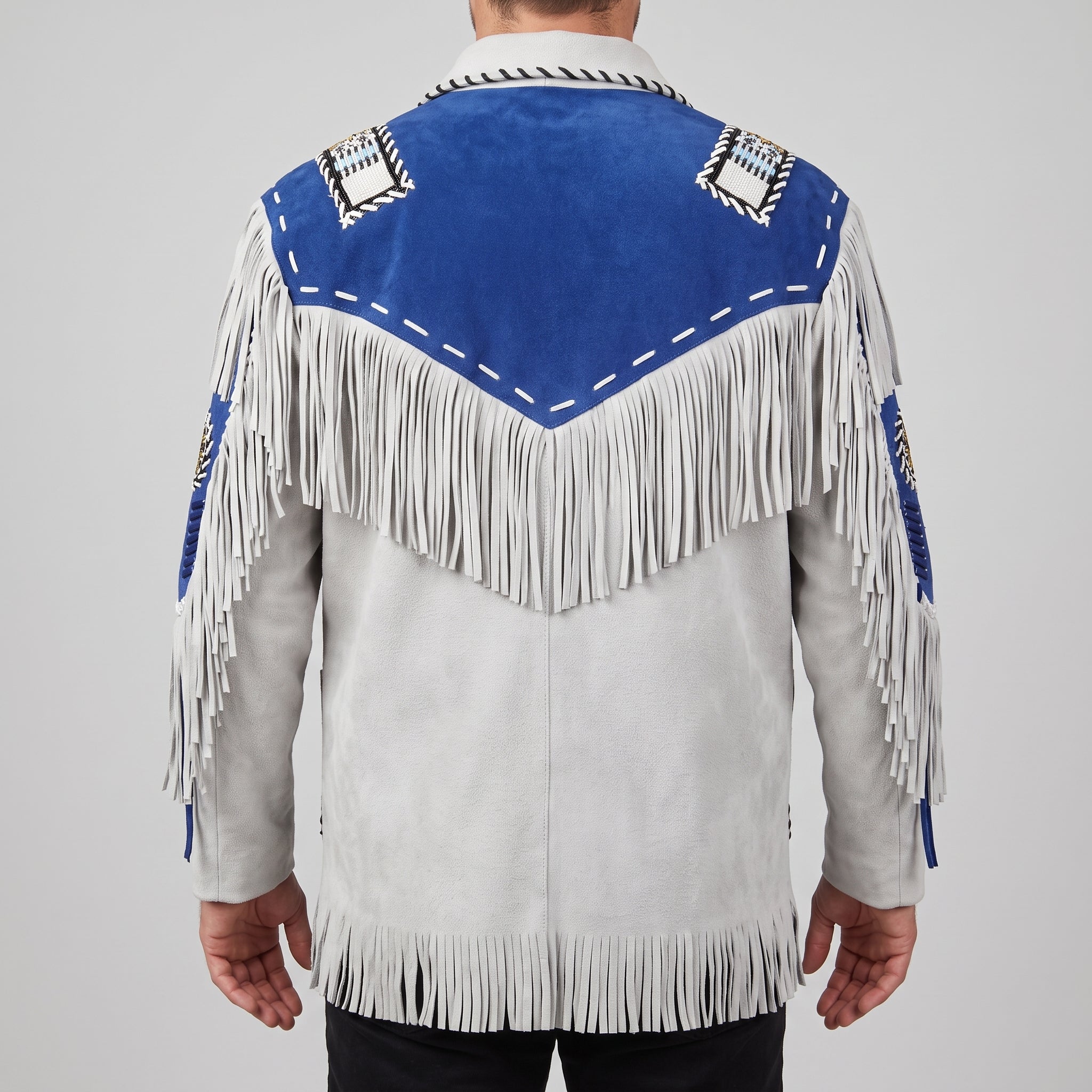 Men's Light Grey and Royal Blue Fringed Suede Jacket — Eastham