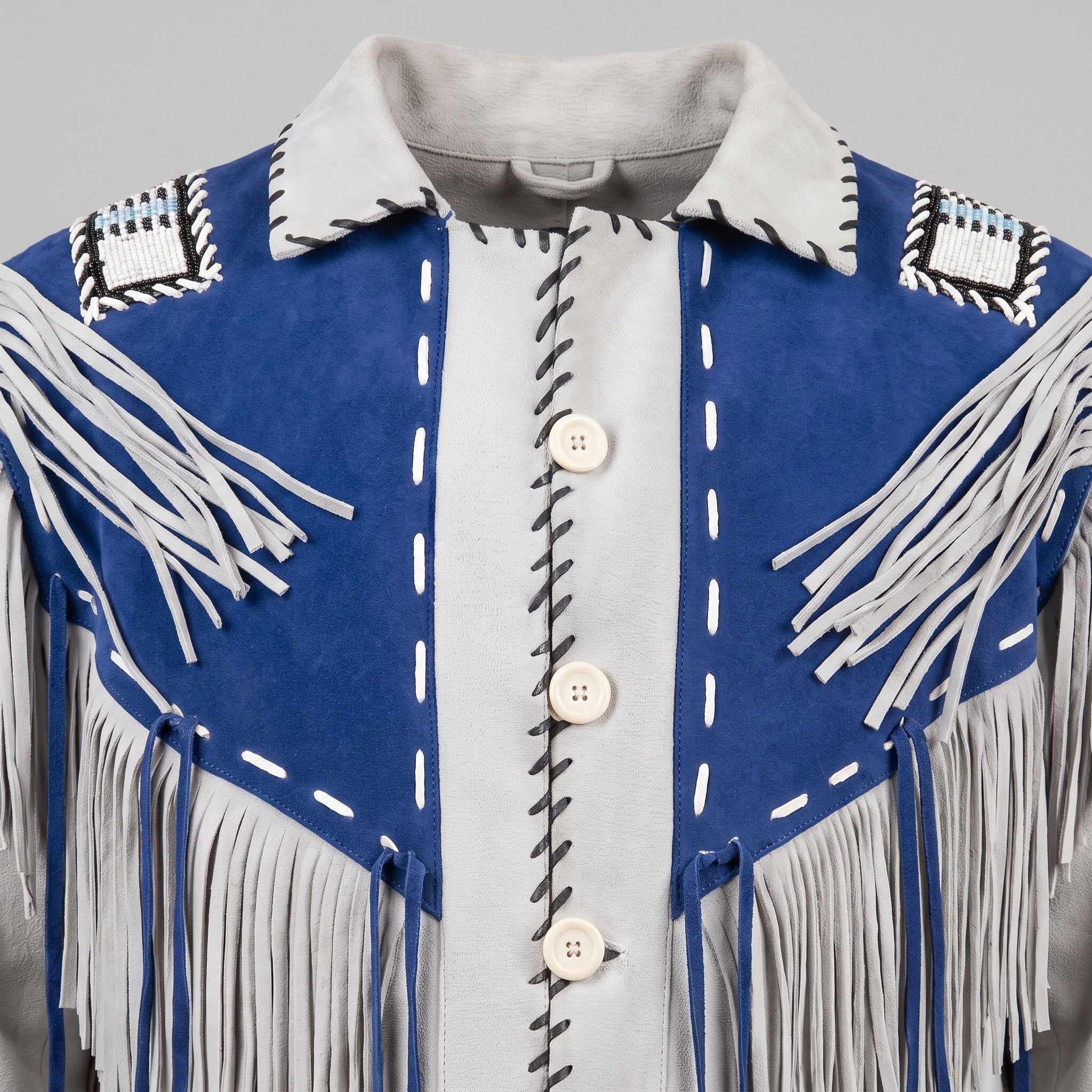 Men's Light Grey and Royal Blue Fringed Suede Jacket — Eastham