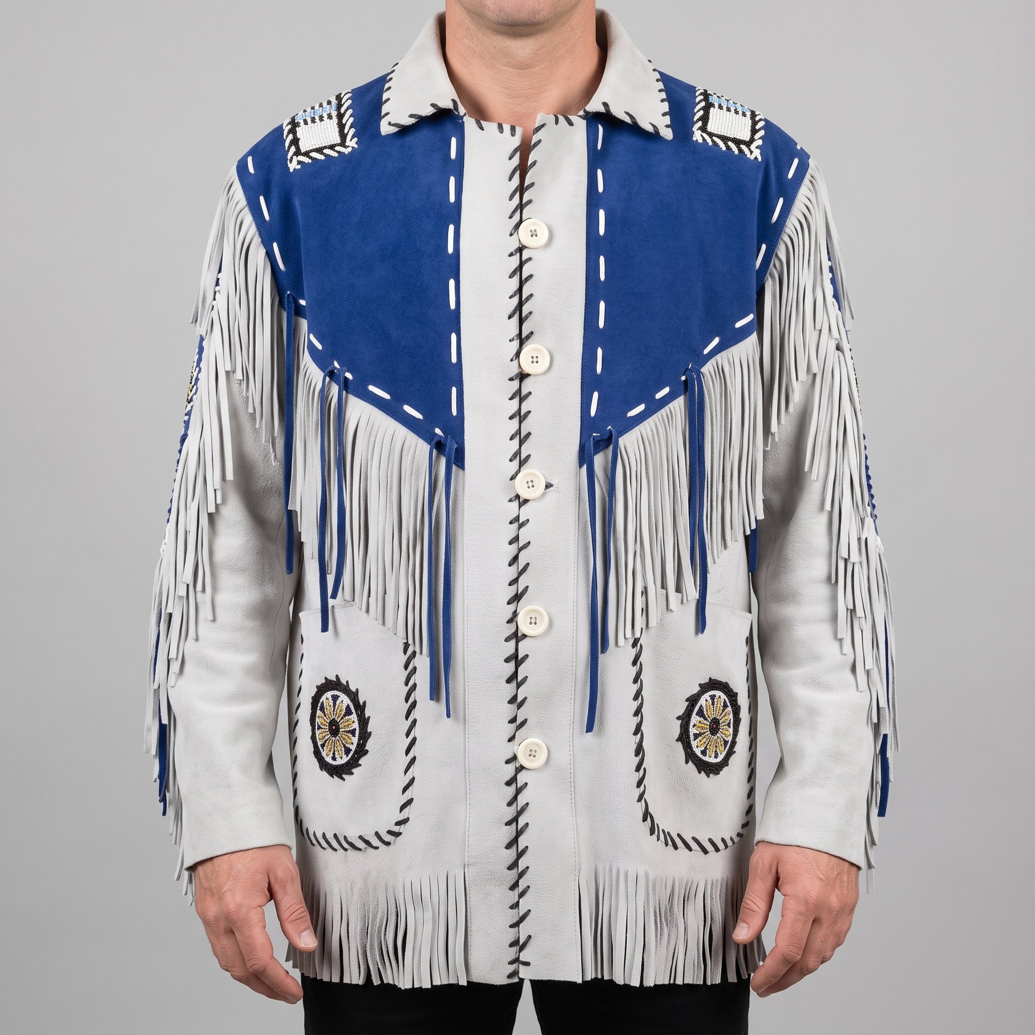 Men's Light Grey and Royal Blue Fringed Suede Jacket — Eastham