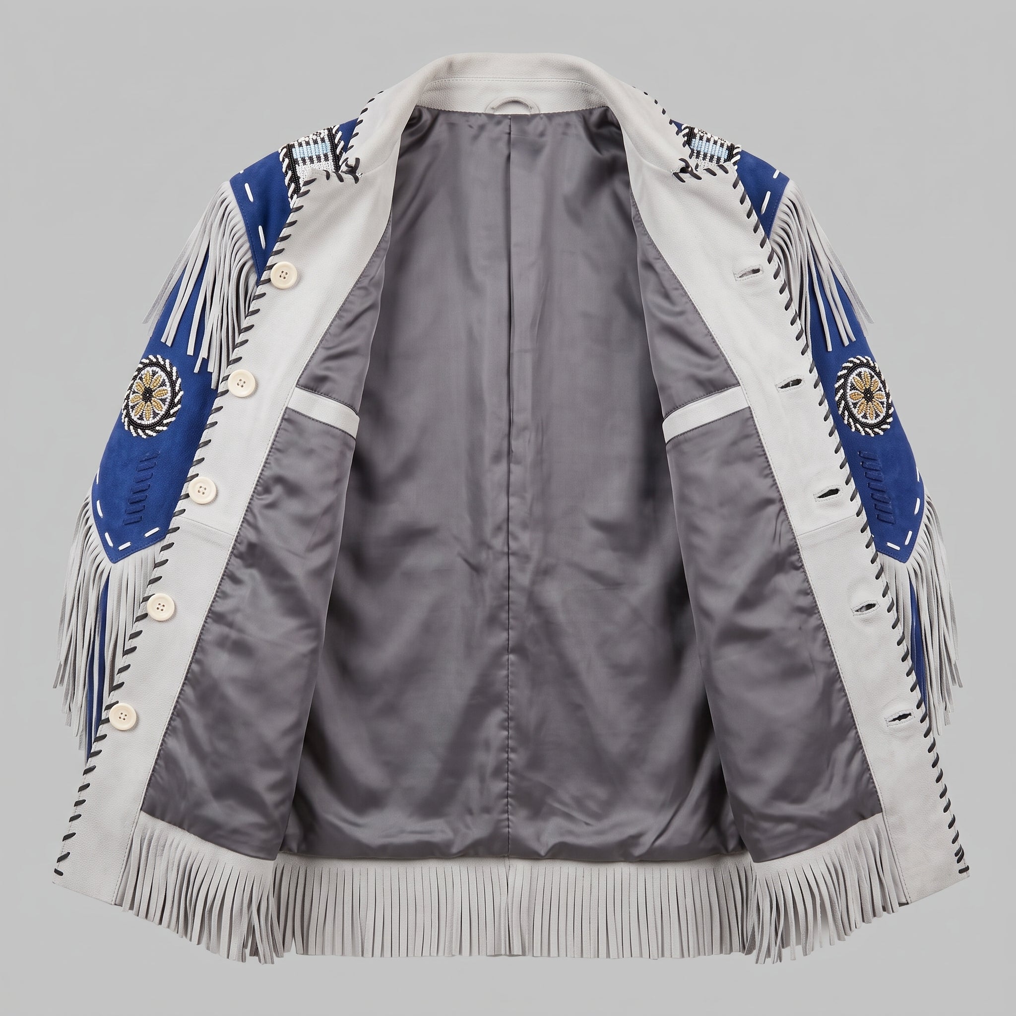Men's Light Grey and Royal Blue Fringed Suede Jacket — Eastham