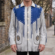 Men's Light Grey and Royal Blue Fringed Suede Jacket — Eastham
