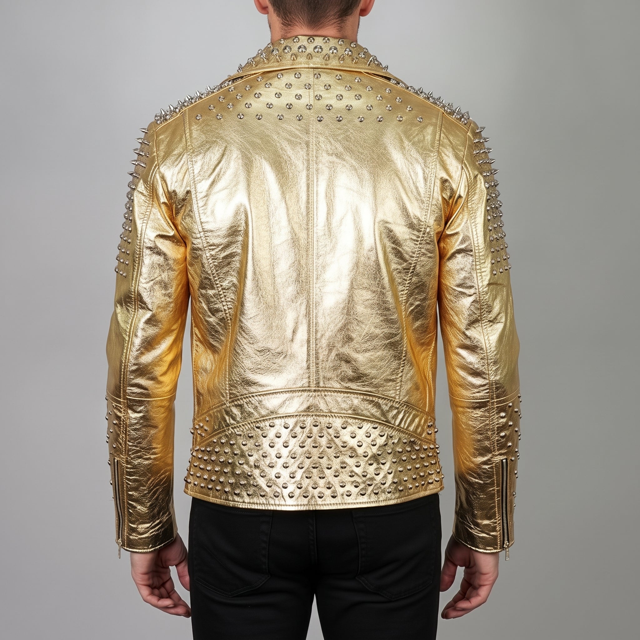 Men's Metallic Gold Studded Leather Biker Jacket — Abbeville