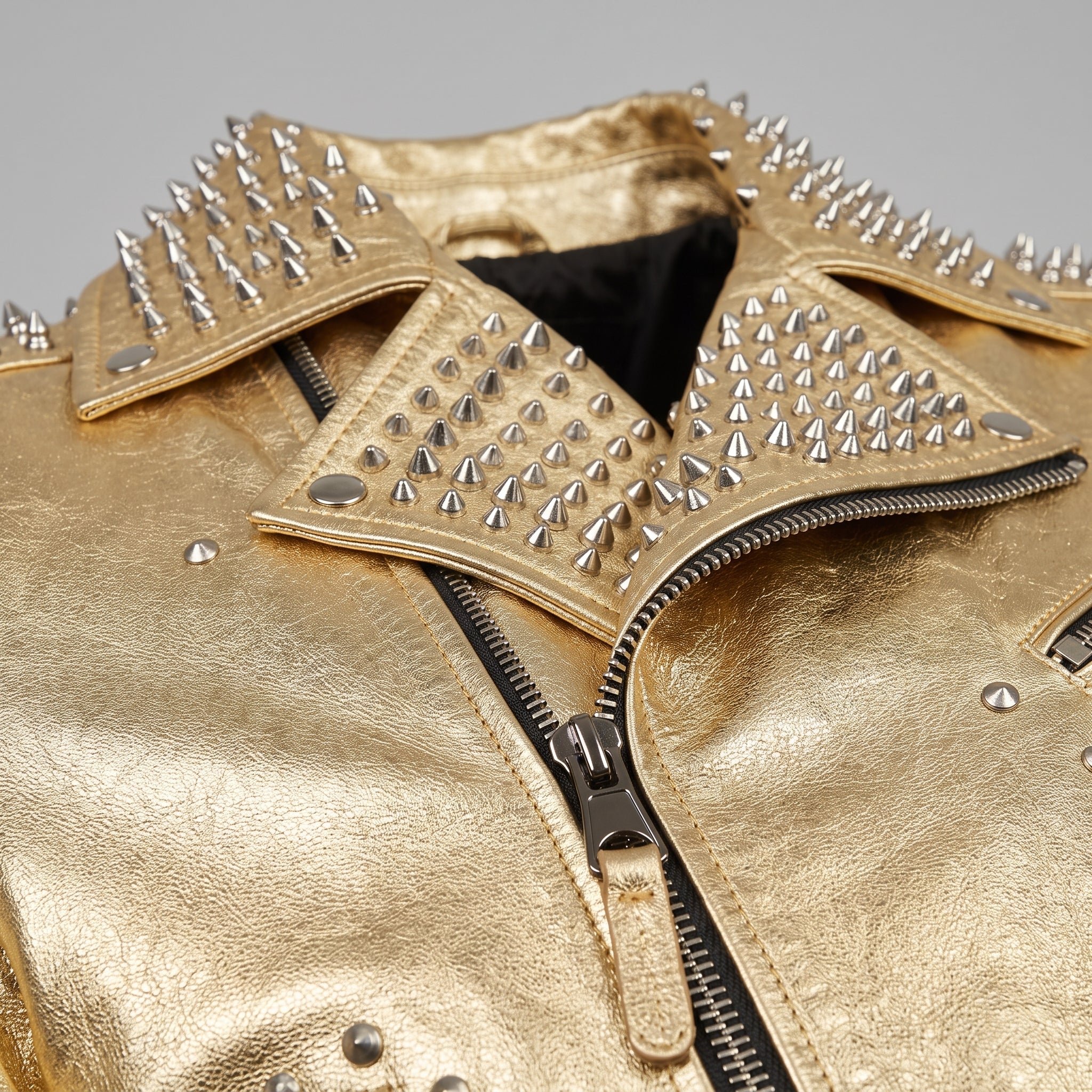Men's Metallic Gold Studded Leather Biker Jacket — Abbeville