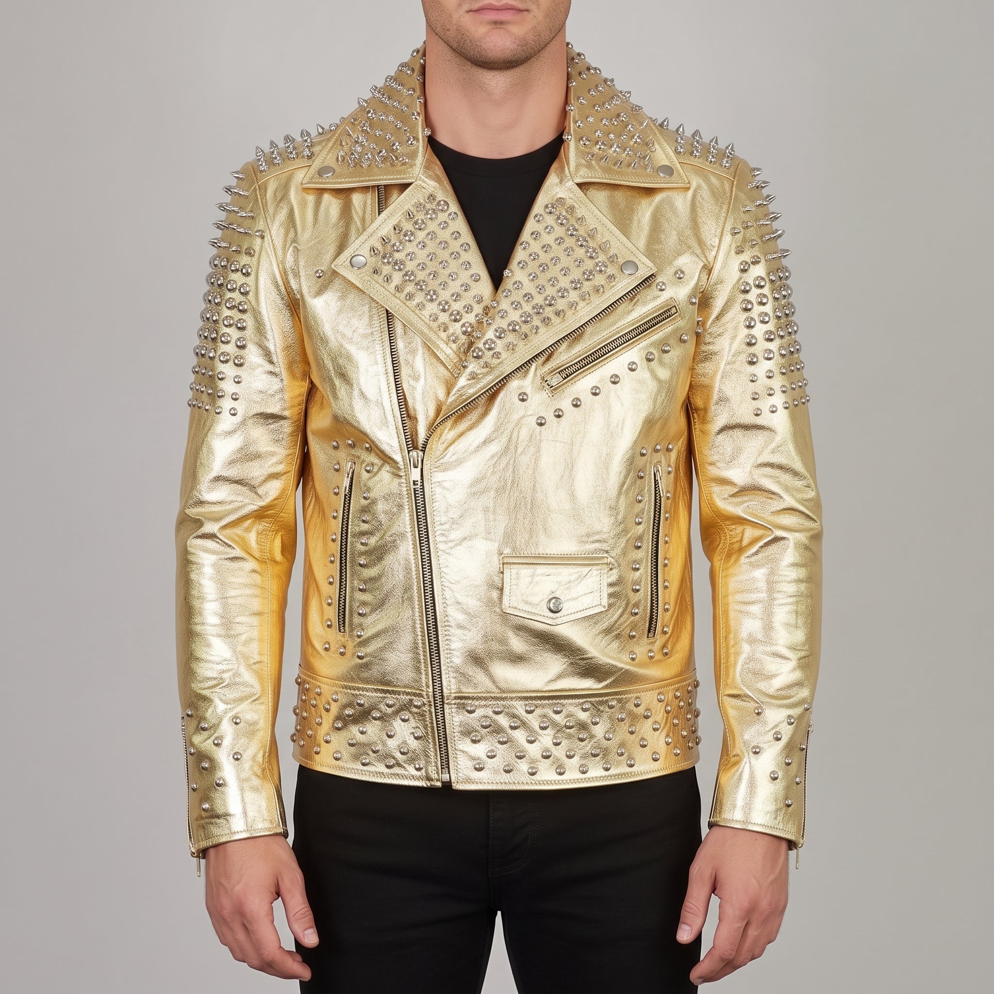 Men's Metallic Gold Studded Leather Biker Jacket — Abbeville